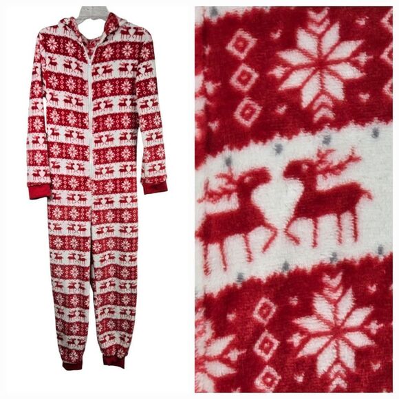 Reindeer Adult Onesie Furry Holiday Hooded Union Suit 1pc Pajama Sleepwear PJs - Picture 1 of 12